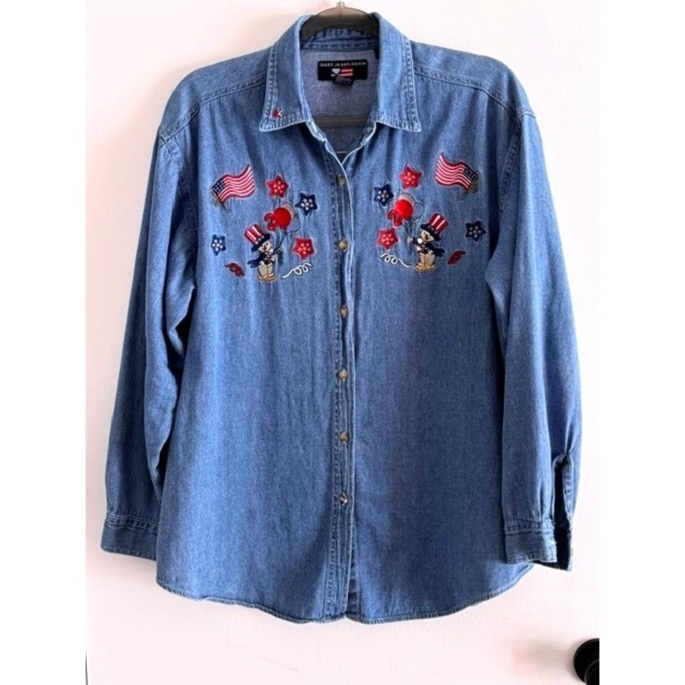 Vintage Patriotic Denim Shirt Medium Embroidered Uncle Sam Bear Fourth of July